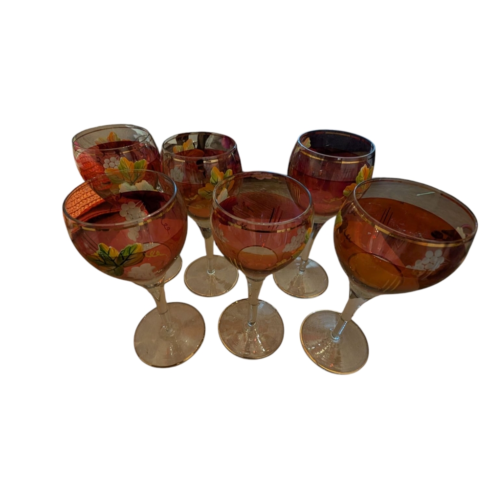 MCM WINE SET & 6 LONG STEM WINE GLASSES RED W/ HAND PAINTED FLORAL Romania
